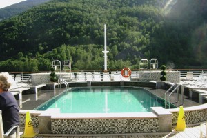 Pool deck of the Balmoral, at anchor in beautiful Flam, Norway.