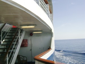 At sea, looking forward from the stern